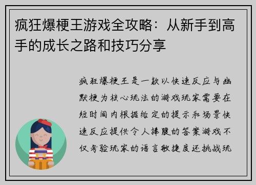 疯狂爆梗王游戏全攻略：从新手到高手的成长之路和技巧分享